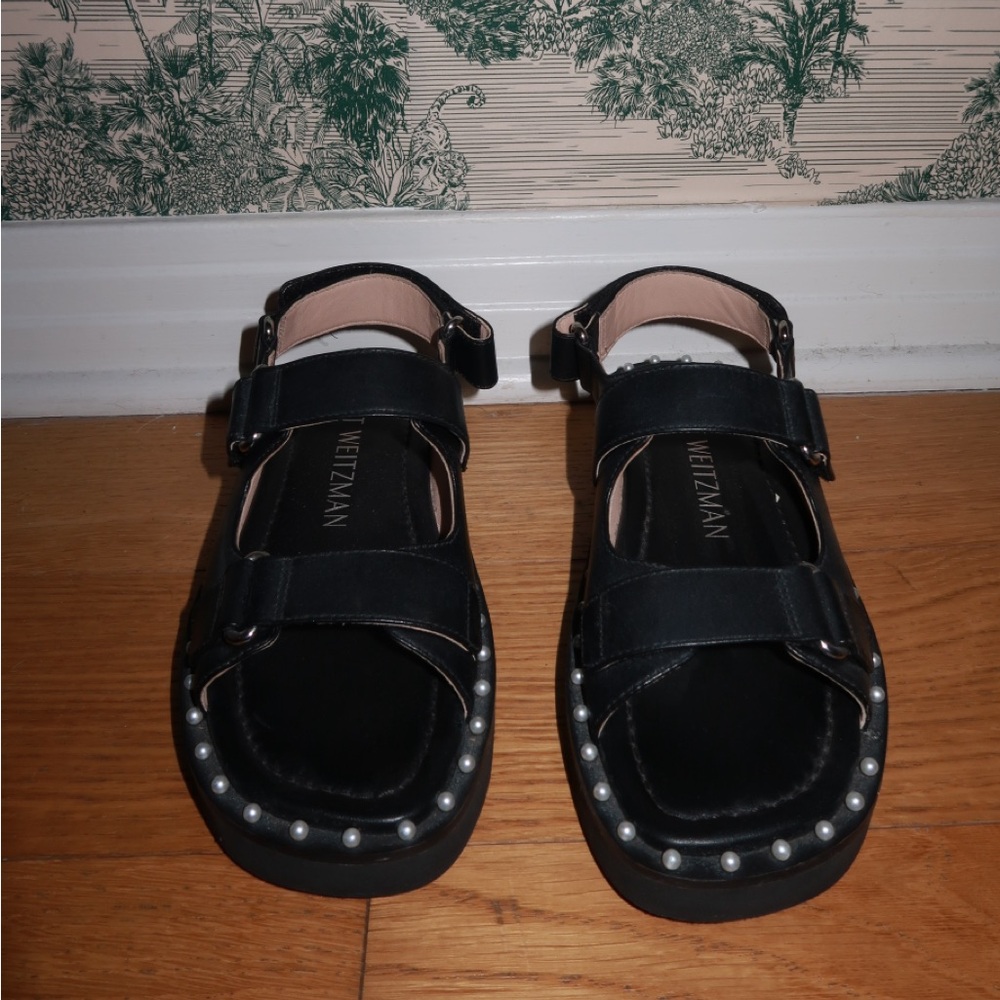 Stuart Weitzman Black Sandals with Pearl Detailing